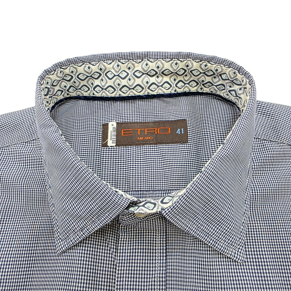 Quiet Luxury Etro Milano Dress Shirt Men’s 41 Blue Micro Check Cotton - Picture 3 of 10